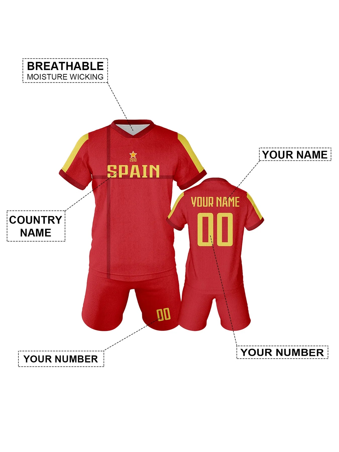 Spain Boys & Girls Soccer Uniform Sets with Personalized Name, Number